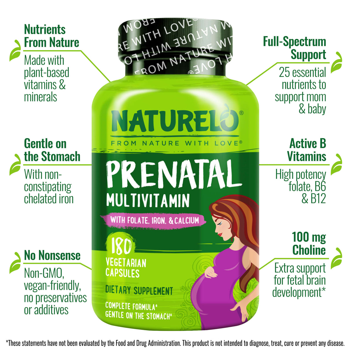 NATURELO Prenatal Multivitamin with Folate, Iron & Calcium, 180 Capsules - view 4