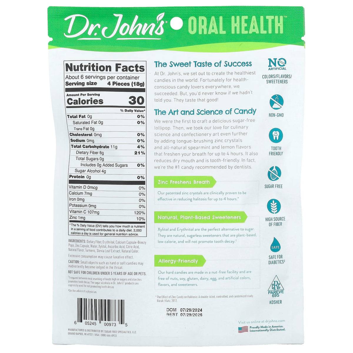 Dr. John's Fresh Breath Drops + Zinc, Lemon Spearmint, 24 Count, 109 g (3.85 oz) - view 2