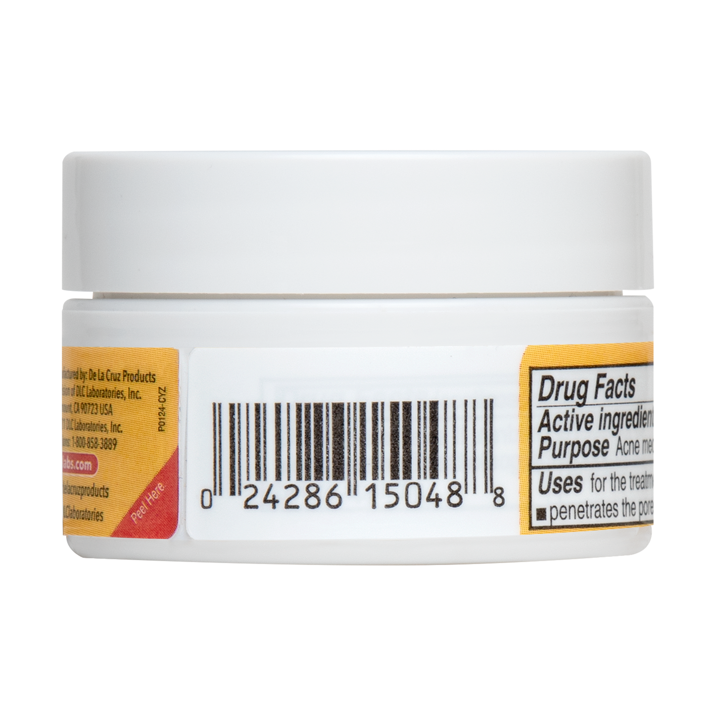 De La Cruz 10% Sulfur Acne Treatment 0.21 oz jar, rear view with barcode and label