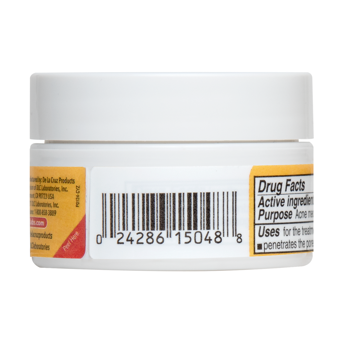 De La Cruz 10% Sulfur Acne Treatment 0.21 oz jar, rear view with barcode and label