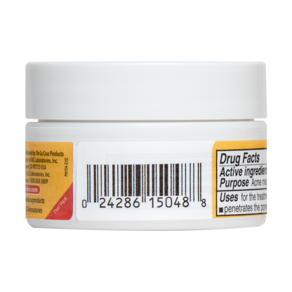De La Cruz 10% Sulfur Acne Treatment 0.21 oz jar, rear view with barcode and label