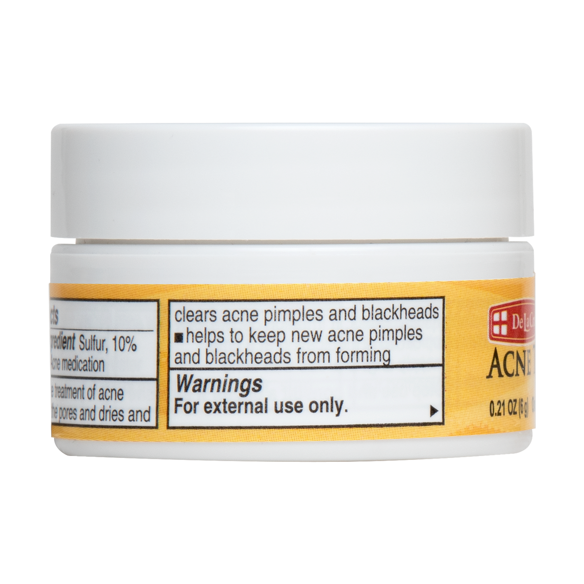 De La Cruz 10% Sulfur Acne Treatment 0.21 oz jar, side label with uses and warnings
