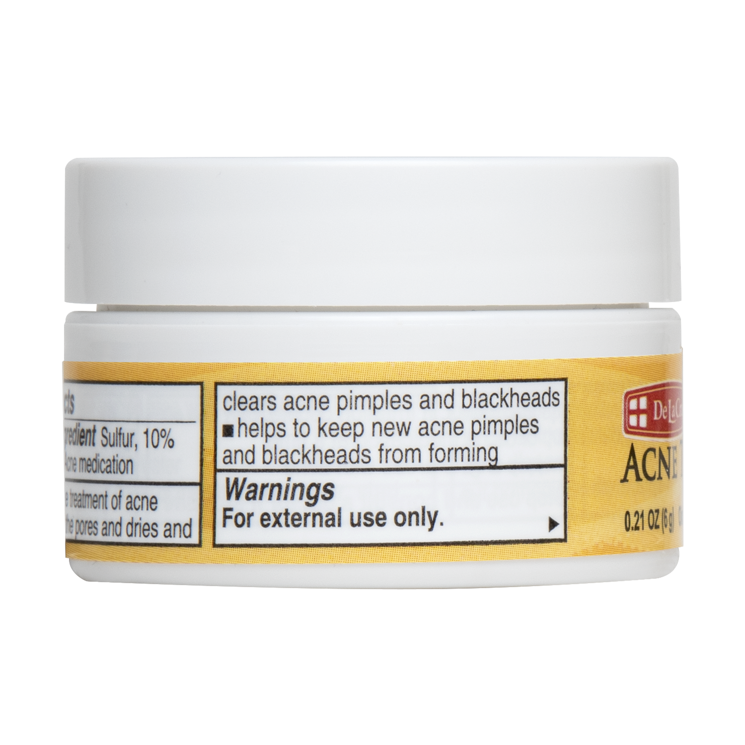 De La Cruz 10% Sulfur Acne Treatment 0.21 oz jar, side label with uses and warnings