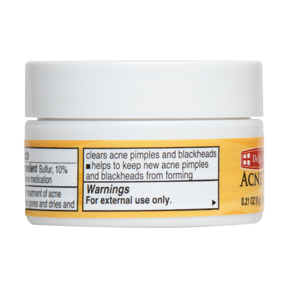 De La Cruz 10% Sulfur Acne Treatment 0.21 oz jar, side label with uses and warnings
