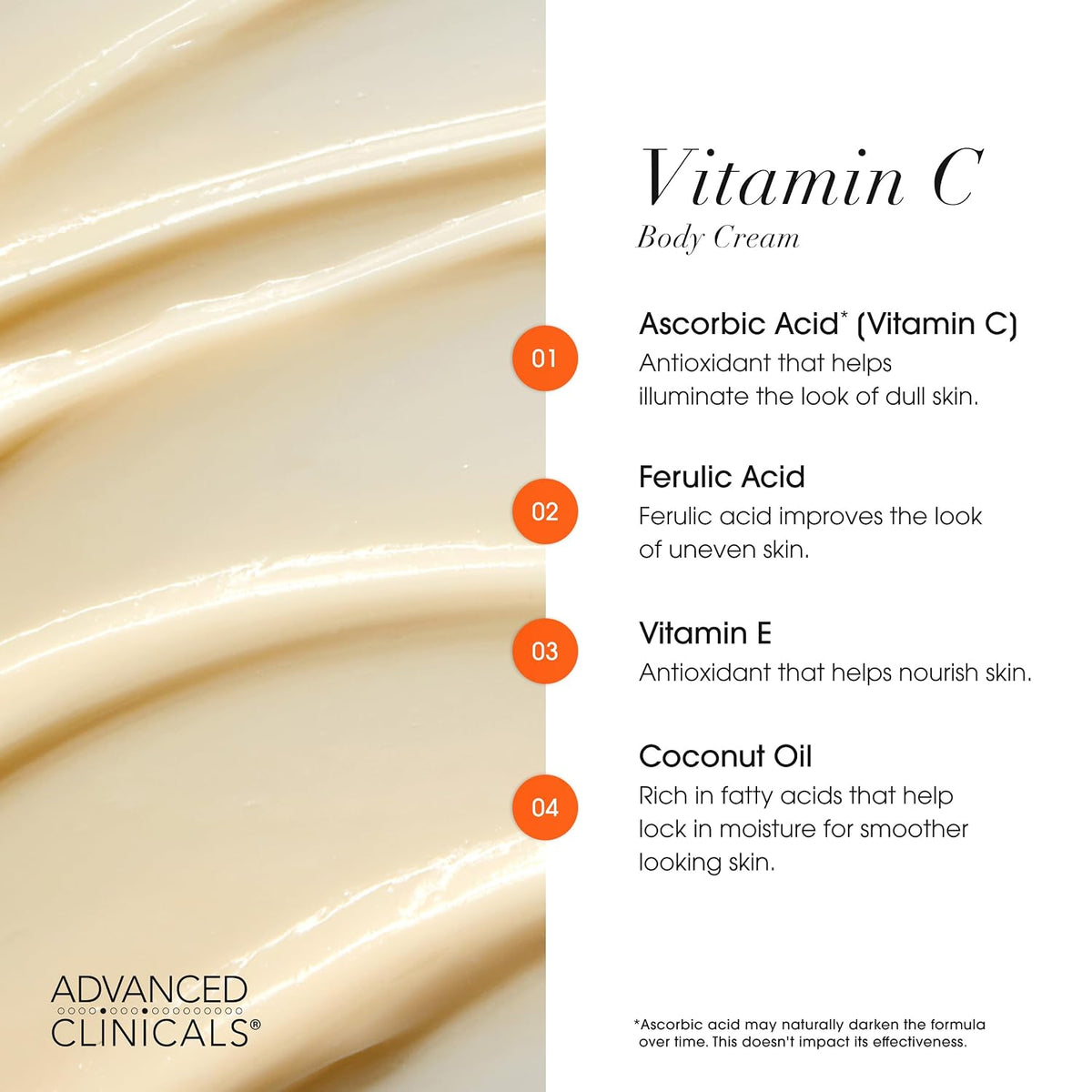 Vitamin C body cream key ingredients: ascorbic acid, ferulic acid, vitamin E and coconut oil - Advanced Clinicals Vitamin C Brightening Body Cream 454 g, P