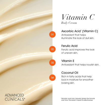 Vitamin C body cream key ingredients: ascorbic acid, ferulic acid, vitamin E and coconut oil - Advanced Clinicals Vitamin C Brightening Body Cream 454 g, P