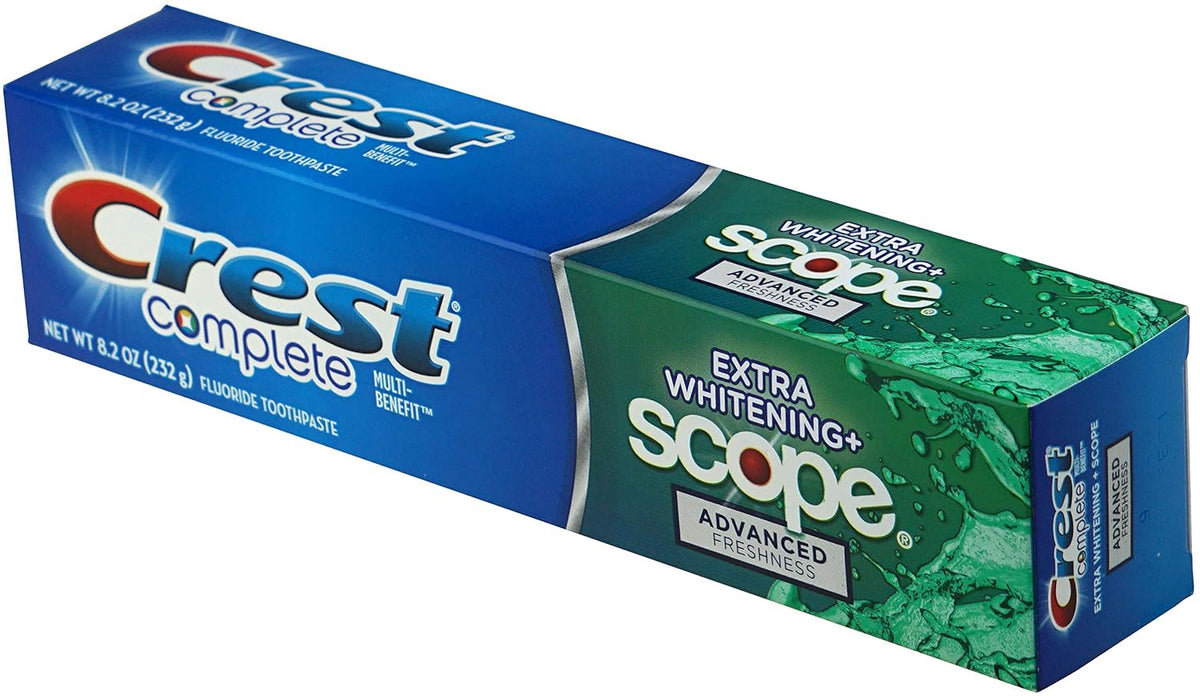 Crest Complete Extra Whitening + Scope toothpaste 232 g carton, angled view - Crest Complete Extra Whitening + Scope Advanced Freshness To
