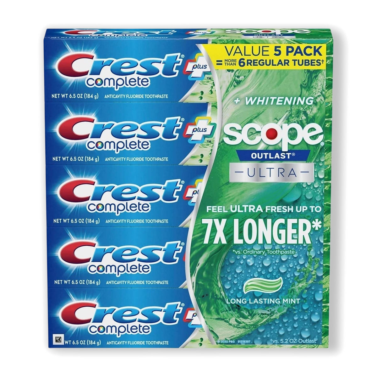 Crest Complete Whitening + Scope Outlast Toothpaste 184 g, Pack of 5 — product view