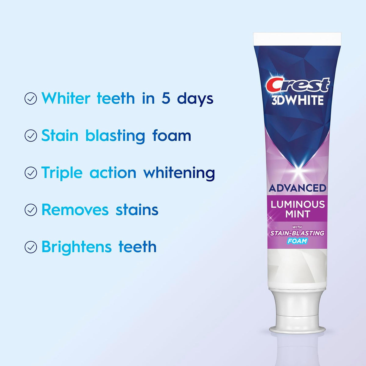 Crest 3D White Advanced Luminous Mint: whiter teeth in 5 days with stain-blasting foam - Crest 3D White Advanced Luminous Mint Toothpaste 3.7 oz