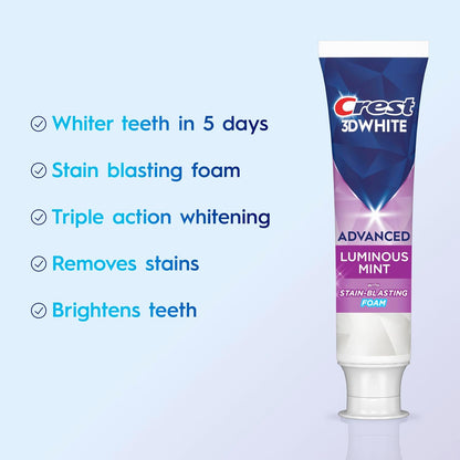 Crest 3D White Advanced Luminous Mint: whiter teeth in 5 days with stain-blasting foam - Crest 3D White Advanced Luminous Mint Toothpaste 3.7 oz