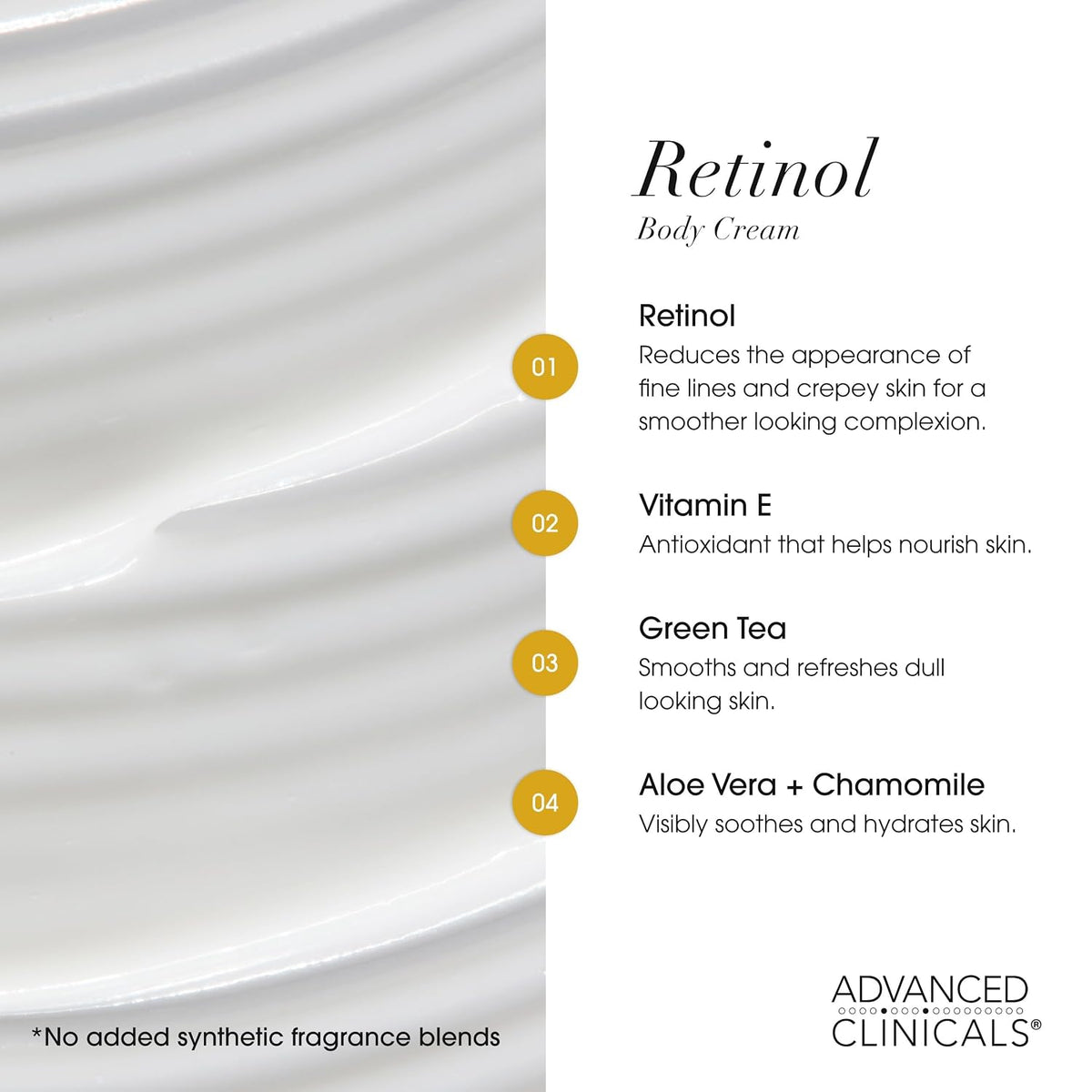 Retinol body cream key ingredients: retinol, vitamin E, green tea and aloe vera - Advanced Clinicals Retinol Body Cream + Hyaluronic Acid Body