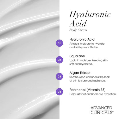 Hyaluronic acid body cream key ingredients: hyaluronic acid, squalane, algae extract and panthenol - Advanced Clinicals Retinol Body Cream + Hyaluronic Acid Body