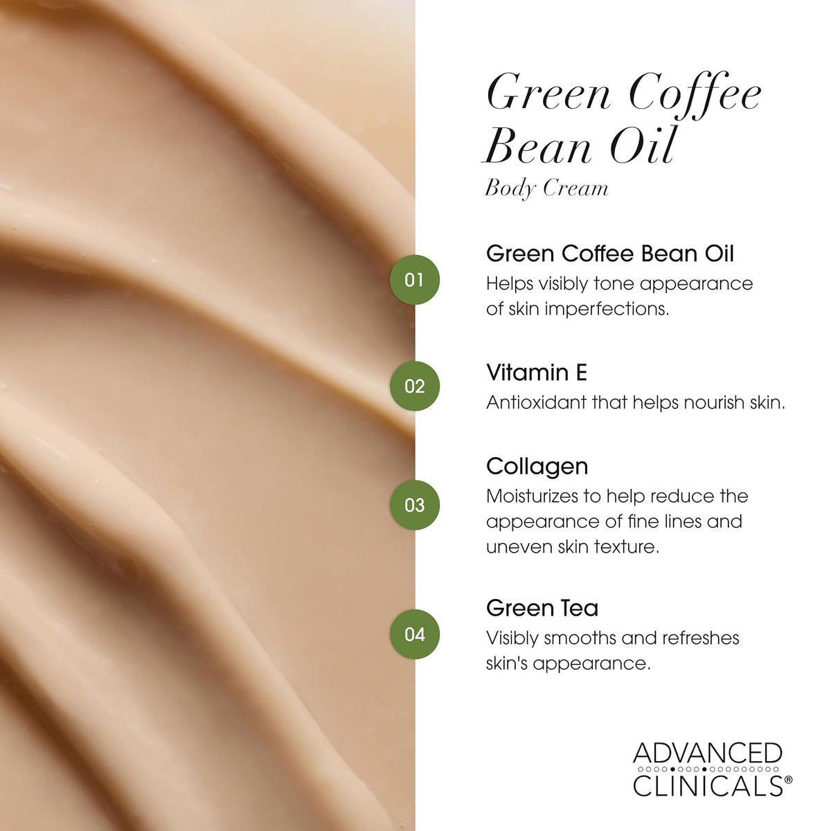 Green coffee bean oil cream key ingredients: green coffee bean oil, vitamin E, collagen and green tea - Advanced Clinicals Collagen Body Cream + Green Coffee Bean O
