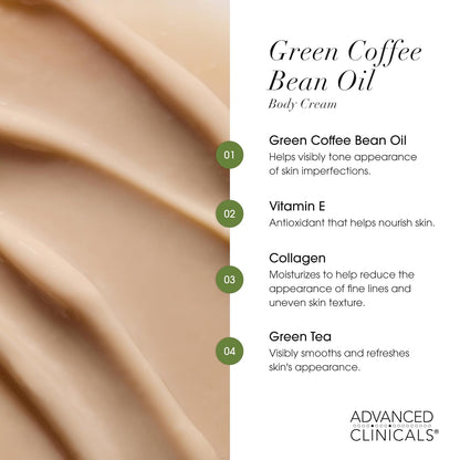 Green coffee bean oil cream key ingredients: green coffee bean oil, vitamin E, collagen and green tea - Advanced Clinicals Collagen Body Cream + Green Coffee Bean O