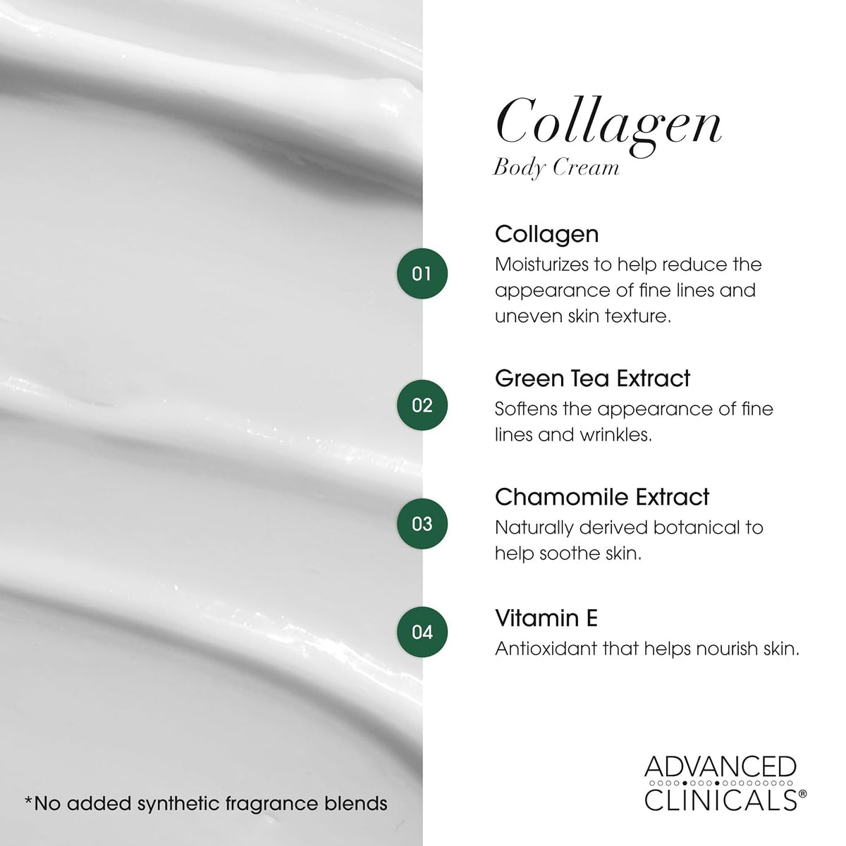 Collagen body cream key ingredients: collagen, green tea, chamomile and vitamin E - Advanced Clinicals Collagen Body Cream + Green Coffee Bean O