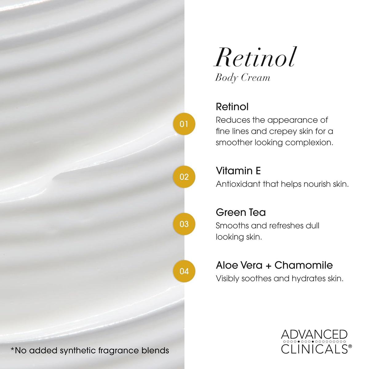 Retinol firming cream key ingredients: retinol, vitamin E, green tea and aloe vera - Advanced Clinicals Retinol Body Cream 454 g + Retinol Cream 