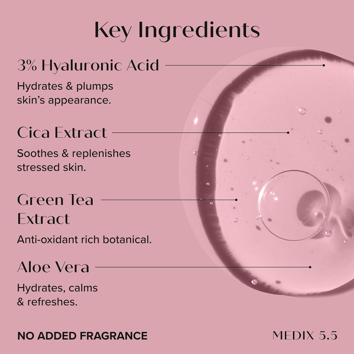 Medix 5.5 3% hyaluronic acid serum key ingredients: hyaluronic acid, cica, green tea and aloe - Medix 5.5 Retinol + Ferulic Acid Body Cream 444 ml + 3% Hyal