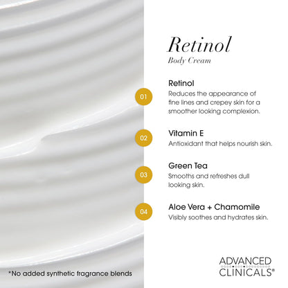 Retinol body cream key ingredients: retinol, vitamin E, green tea and aloe vera - Advanced Clinicals Retinol Body Cream 454 g + Collagen Lifti