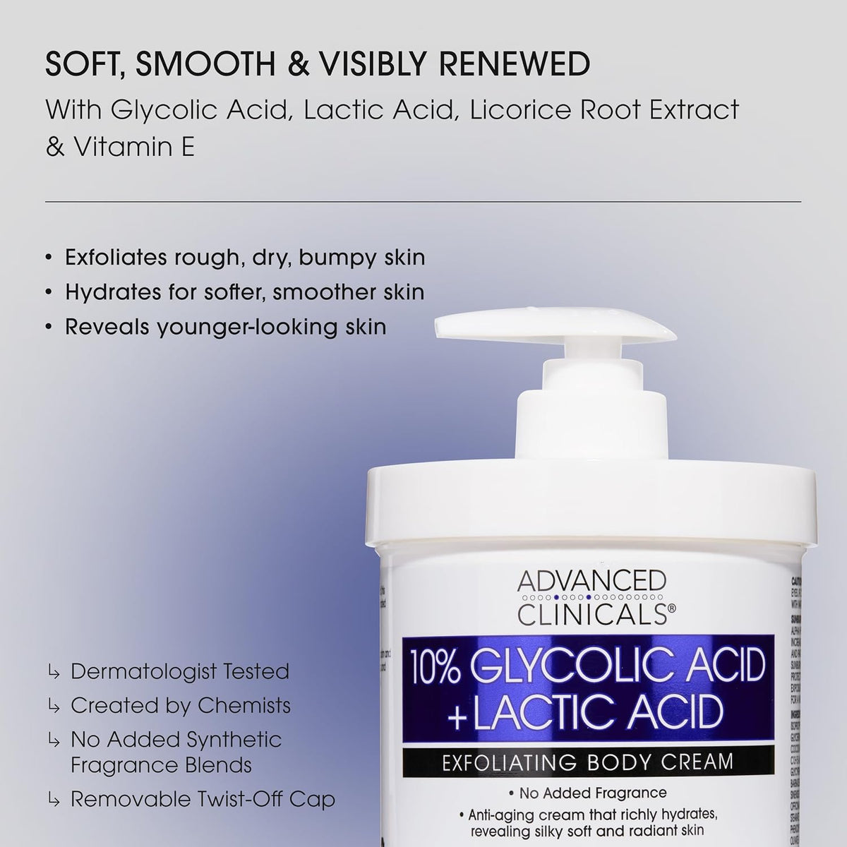 Glycolic acid and lactic acid body cream benefits: exfoliates rough, bumpy-looking skin - Advanced Clinicals 10% Glycolic Acid + Lactic Acid Exfoliati