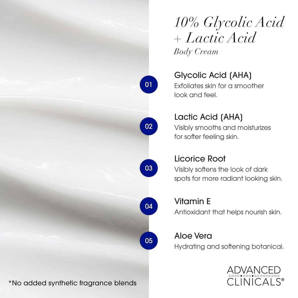 Glycolic acid and lactic acid body cream key ingredients - Advanced Clinicals 10% Glycolic Acid + Lactic Acid Exfoliati