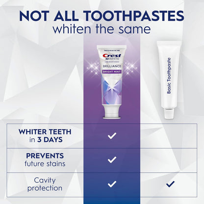 Crest 3D White Brilliance compared with basic toothpaste: whiter teeth in 3 days, prevents future stains - Crest 3D White Brilliance Bright Mint Toothpaste 121 g