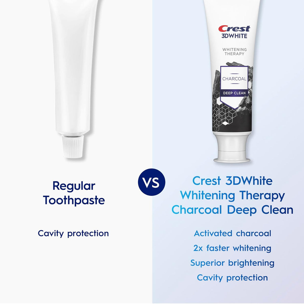 Crest 3D White Charcoal Deep Clean compared with regular toothpaste - Crest 3D White Whitening Therapy Charcoal Deep Clean Toothpa