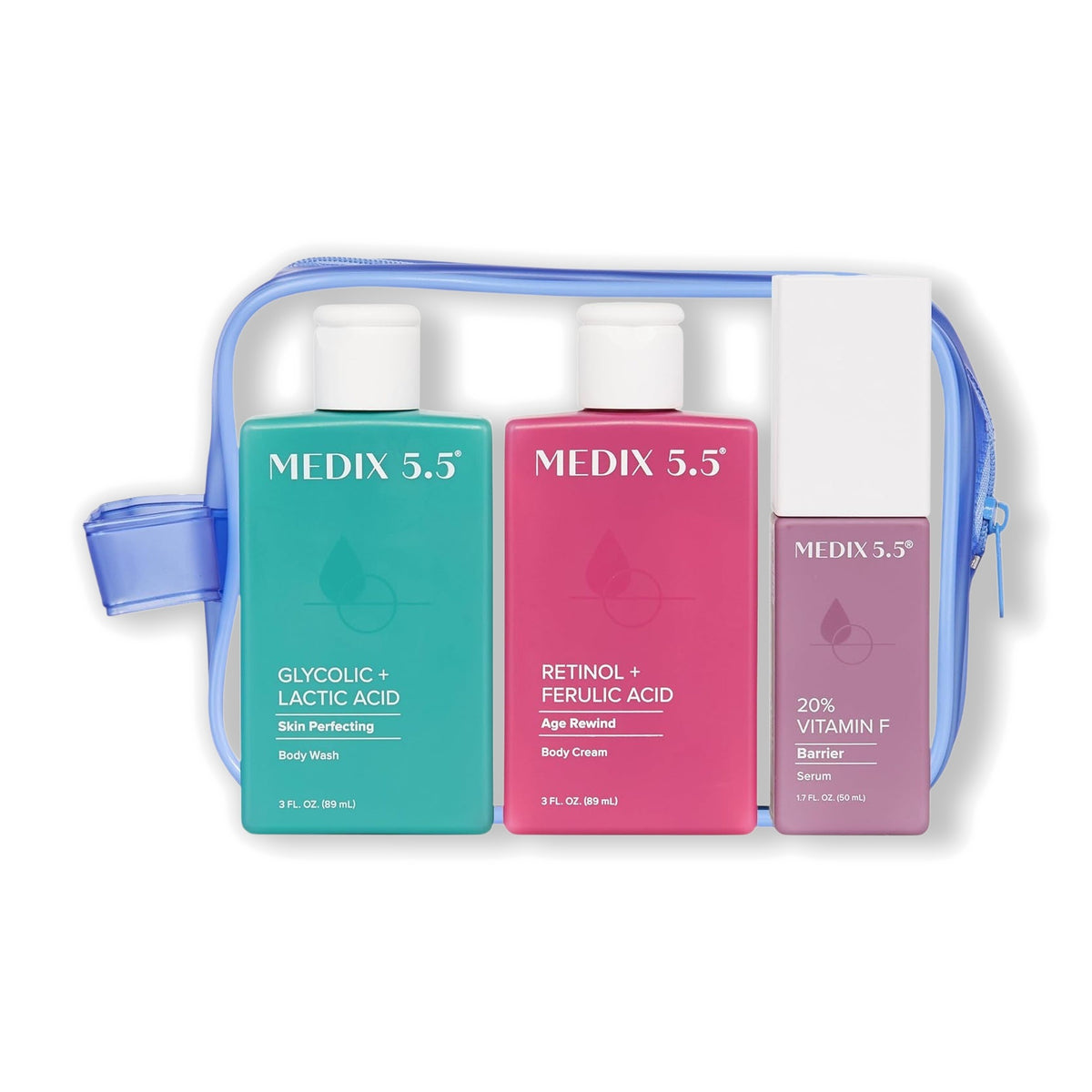 Medix 5.5 Retinol Body Cream + Glycolic Acid Body Wash + 20% Vitamin F Serum Travel Kit — product view