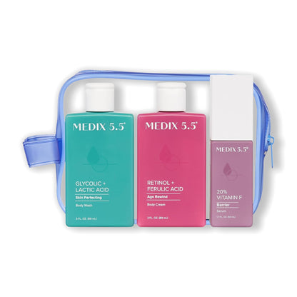 Medix 5.5 Retinol Body Cream + Glycolic Acid Body Wash + 20% Vitamin F Serum Travel Kit