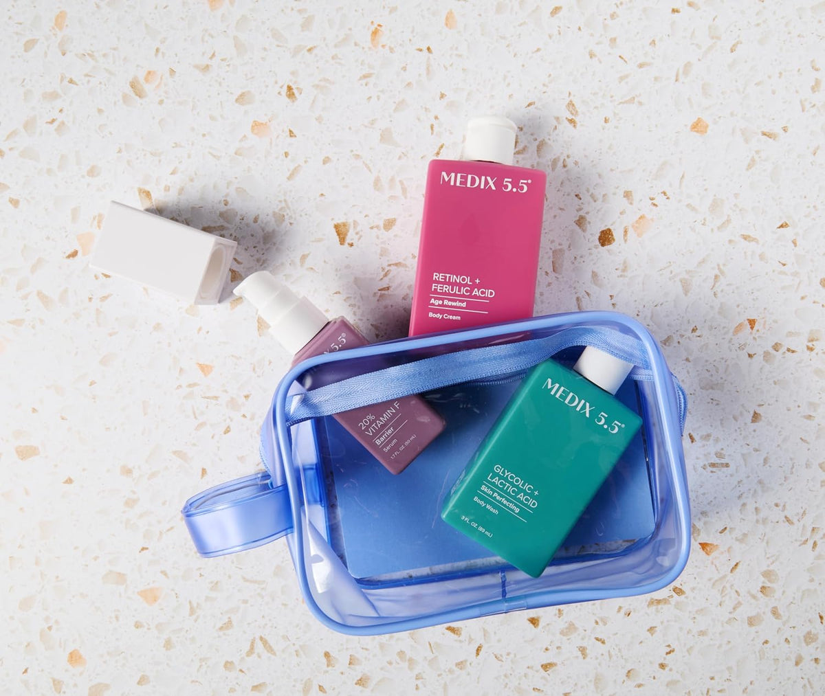 Medix 5.5 best sellers travel kit in a clear bag - Medix 5.5 Retinol Body Cream + Glycolic Acid Body Wash + 20%