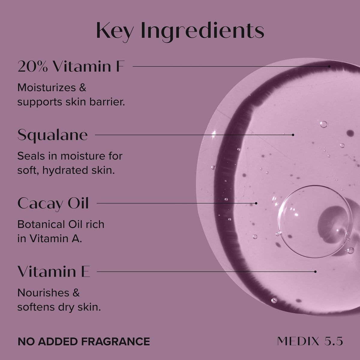 Medix 5.5 20% vitamin F serum key ingredients: vitamin F, squalane, cacay oil and vitamin E - Medix 5.5 Retinol Body Cream + Glycolic Acid Body Wash + 20%