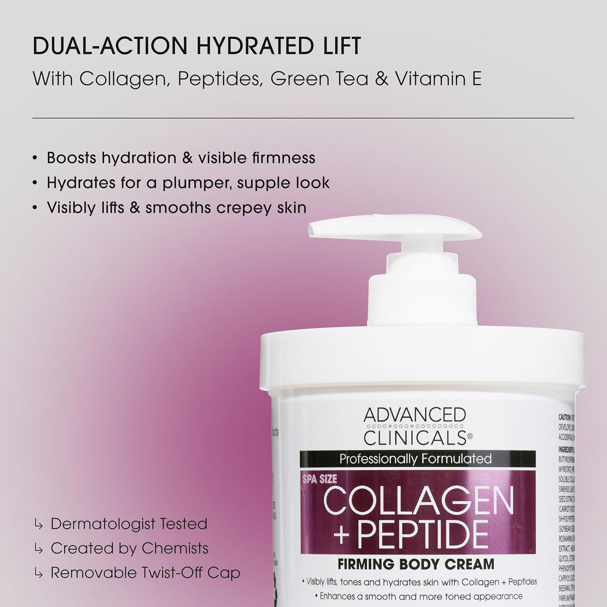 Collagen and peptide body cream benefits: dual-action hydrated lift - Advanced Clinicals Collagen + Peptide Firming Body Cream 454