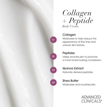 Collagen and peptide body cream key ingredients: collagen, peptides, quinoa extract and shea butter - Advanced Clinicals Collagen + Peptide Firming Body Cream 454
