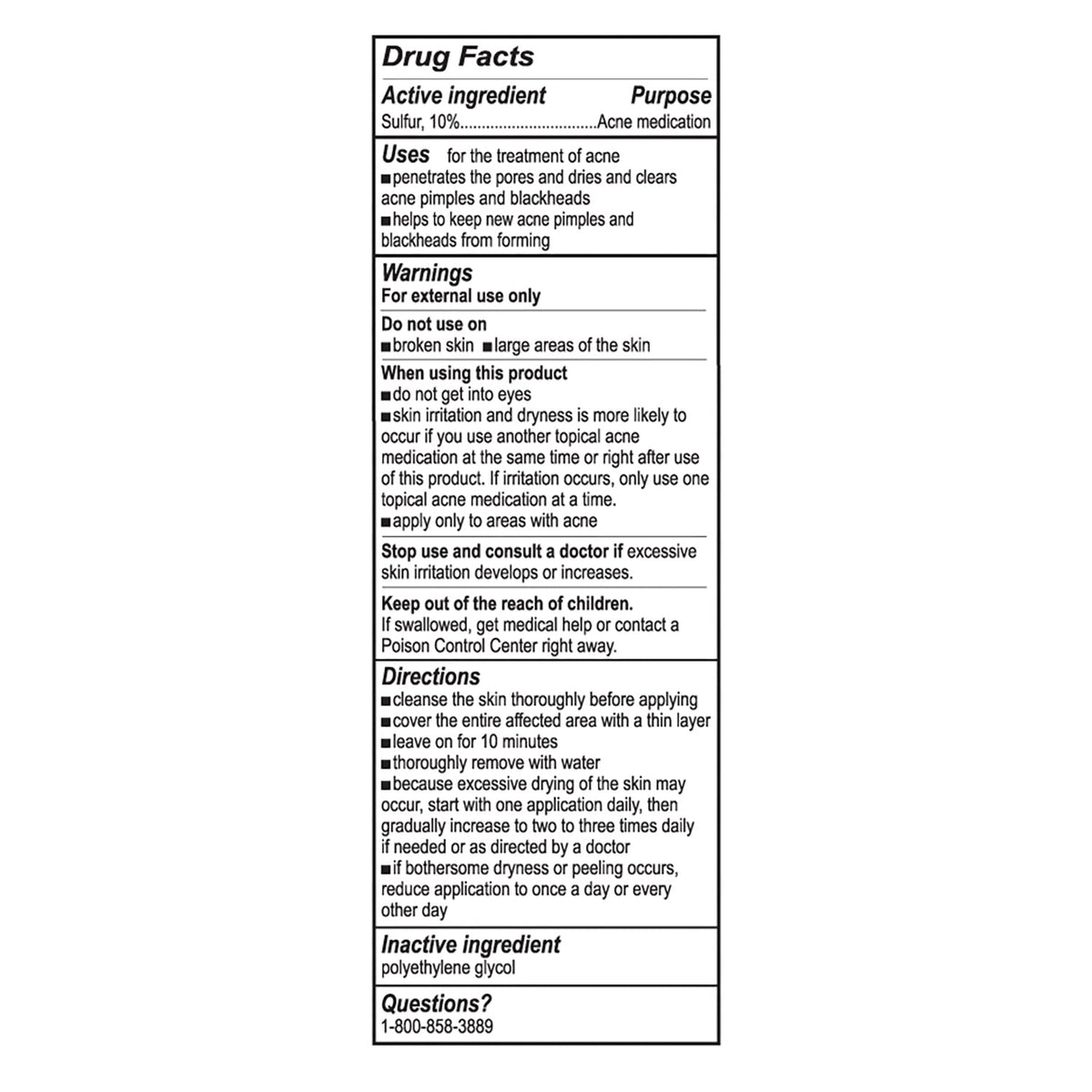 English Drug Facts label for De La Cruz 10% Sulfur Acne Treatment, including directions and warnings