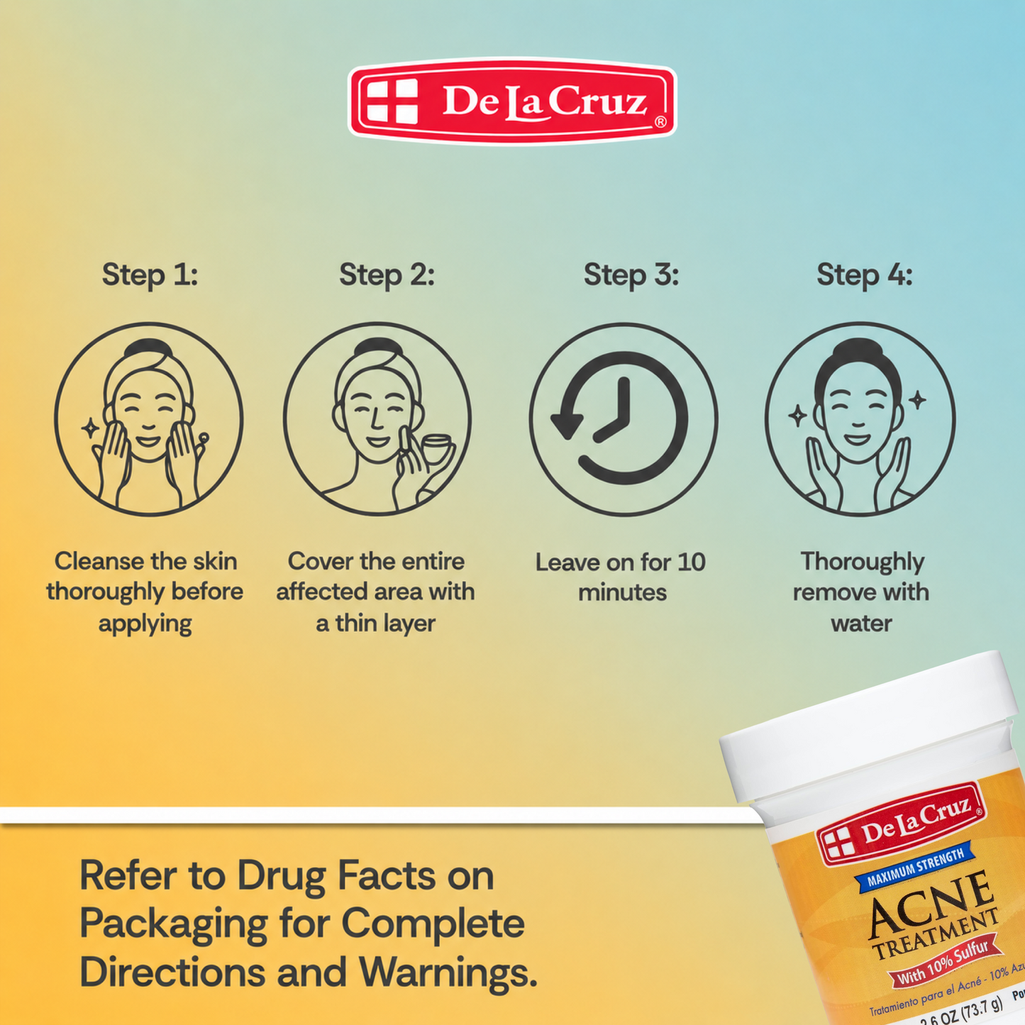 De La Cruz 10% Sulfur Acne Treatment manufacturer guide: cleanse, apply a thin layer, leave for 10 minutes and rinse