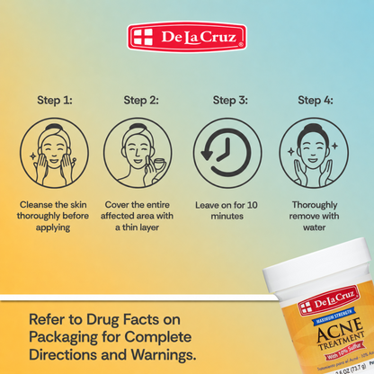De La Cruz 10% Sulfur Acne Treatment manufacturer guide: cleanse, apply a thin layer, leave for 10 minutes and rinse