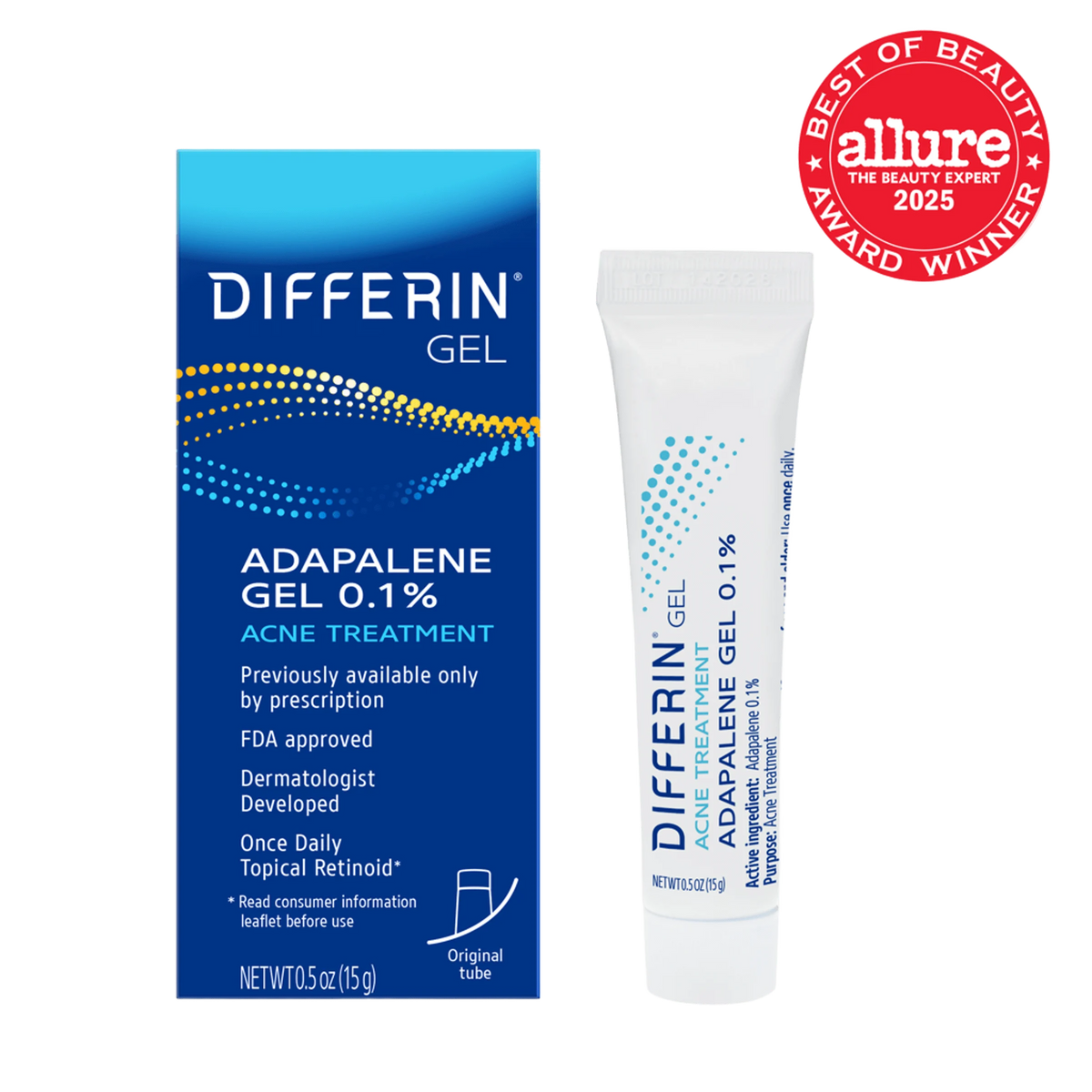 Differin Adapalene Gel 0.1% Acne Treatment 0.5 oz (15 g), tube and carton