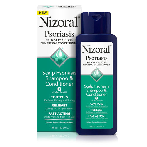 Nizoral Psoriasis Shampoo and Conditioner, 3% salicylic acid, 11 fl oz (325 ml) bottle and carton — front