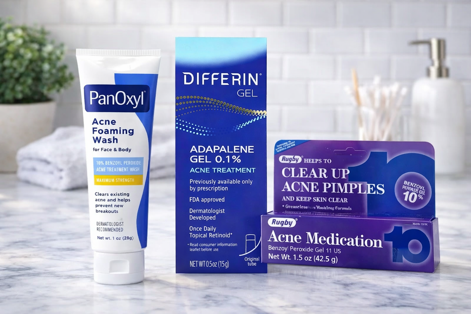 PanOxyl, Differin and Rugby acne treatment products displayed on a bathroom countertop