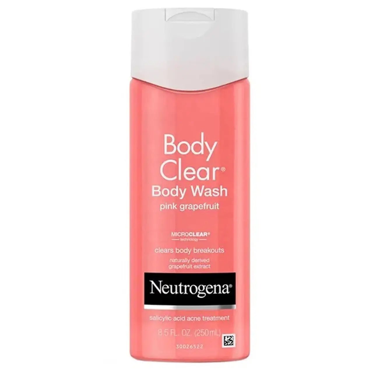 Neutrogena Body Clear Body Wash in Pink Grapefruit, 8.5 fl oz (250 ml), front view showing product label and branding.