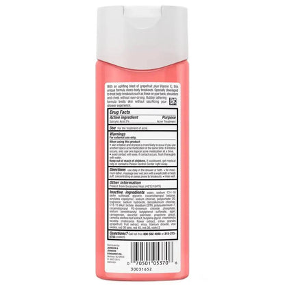 Neutrogena Body Clear Body Wash in Pink Grapefruit, 8.5 fl oz (250 ml), back view displaying ingredients and usage instructions.