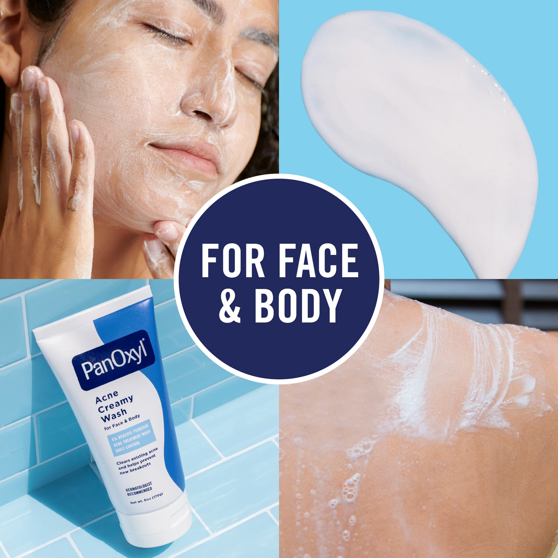 PanOxyl Acne Creamy Wash 4% Benzoyl Peroxide for face and body, showing cleansing and cream texture