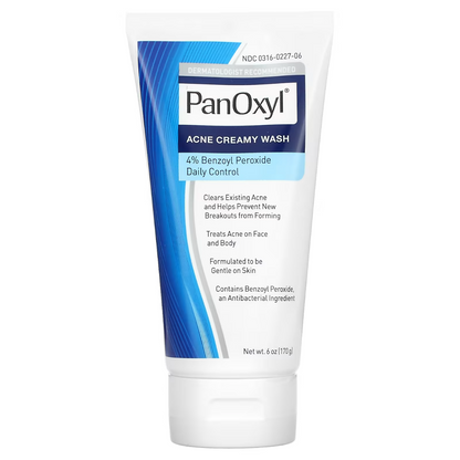 PanOxyl Antimicrobial Acne Foaming Wash with 4% Benzoyl Peroxide in a 6 oz tube, designed for acne treatment and prevention.