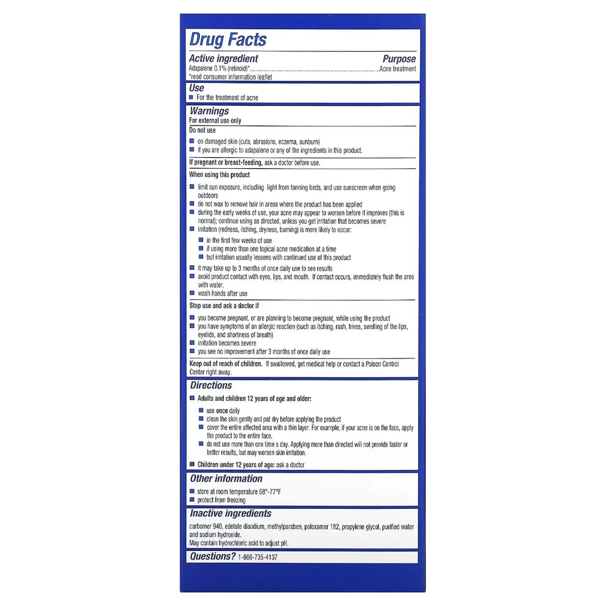 Differin Adapalene Gel — rear packaging and label details