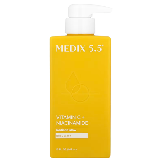 Medix 5.5 Vitamin C + Niacinamide body wash in a bright yellow bottle for radiant skin, 15 fl oz.