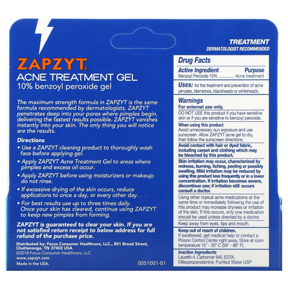 Zapzyt Maximum Strength 10% Benzoyl Peroxide Acne Treatment Gel 1 oz