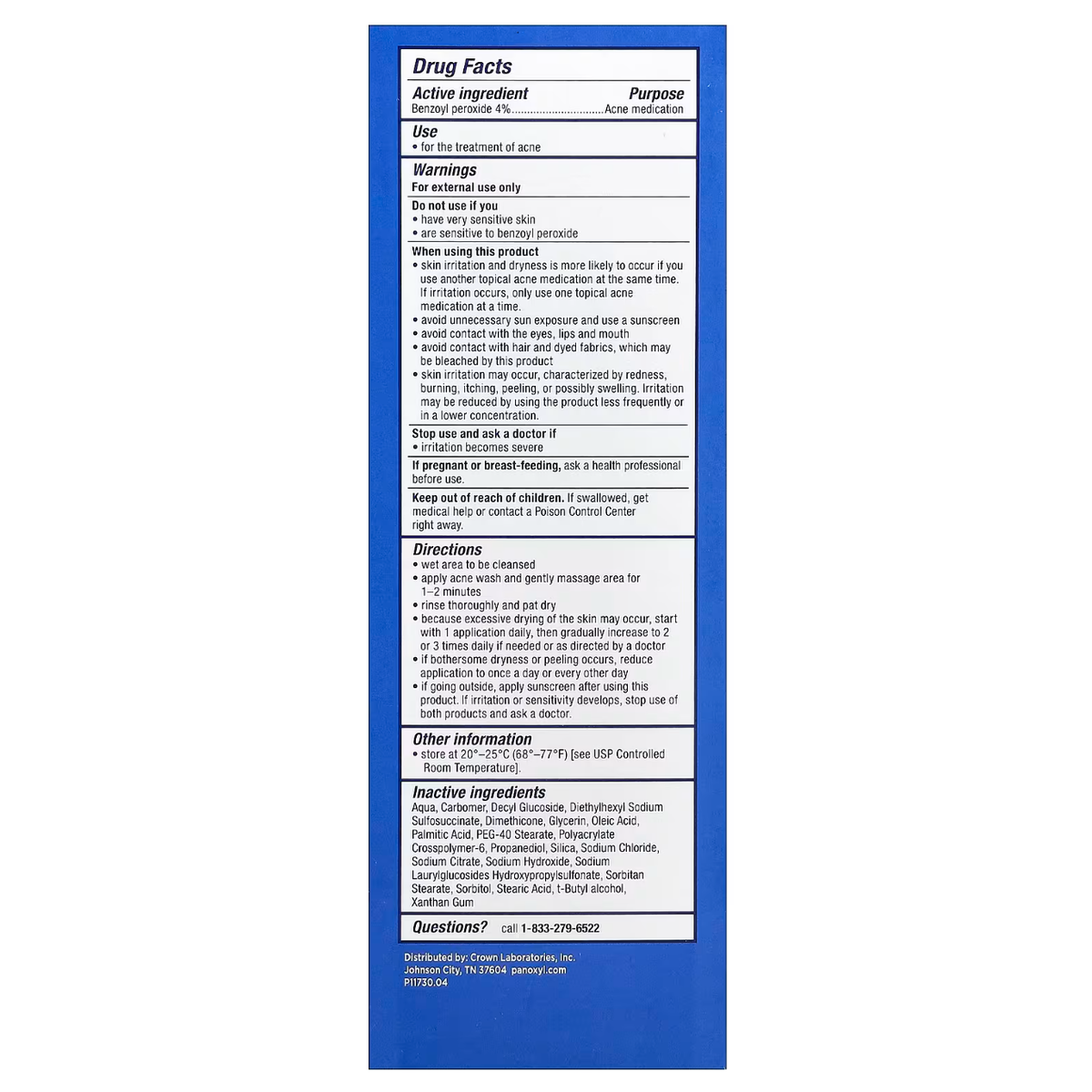 PanOxyl Creamy Wash — rear packaging and label details