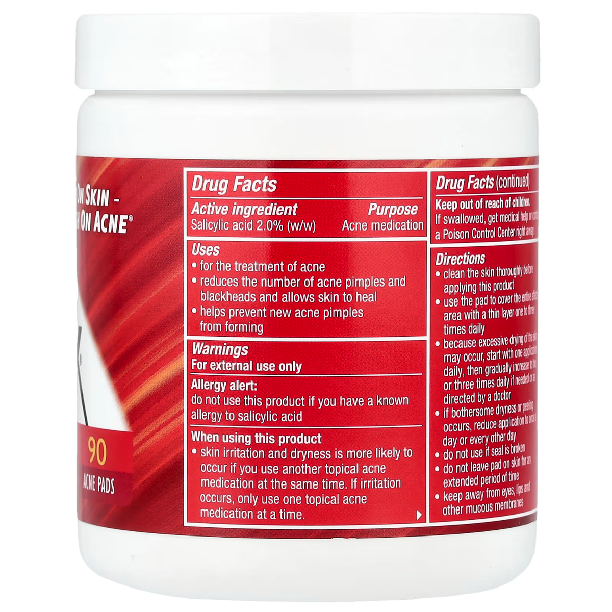 Stridex Maximum Strength Pads — rear packaging and label details