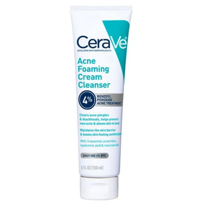 Cerave Acne Foaming Cream Cleanser 5 oz tube featuring 4% benzoyl peroxide for acne treatment and skin barrier maintenance.