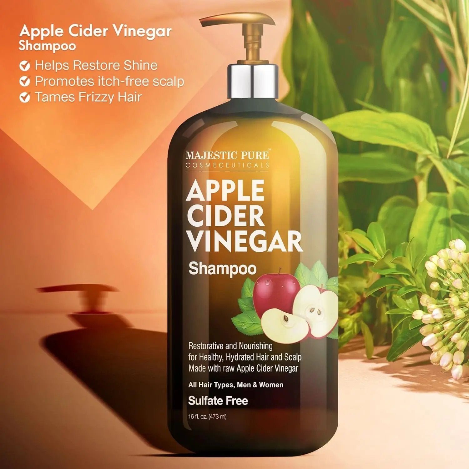 Majestic Pure Apple Cider Vinegar Shampoo - Restores Shine & Reduces Itchy Scalp, Dandruff & Frizz - Sulfate Free, for All Hair Types, Men and Women - 16 Fl Oz