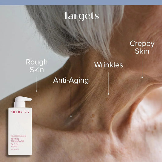 MEDIX Fragrance Free Firming Retinol Body Lotion + Collagen Peptides Cream 2Pc Skin Care Set | Crepey Skin Treatment | anti Aging Body Cream & Face Moisturizer for Crepe Skin, Cellulite, & Wrinkles